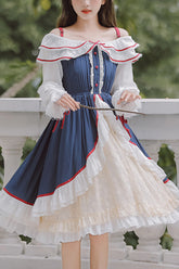 Blue/White Strapless Ruffled Long Sleeve ChiffonHigh Waisted Sweet Lolita Dress